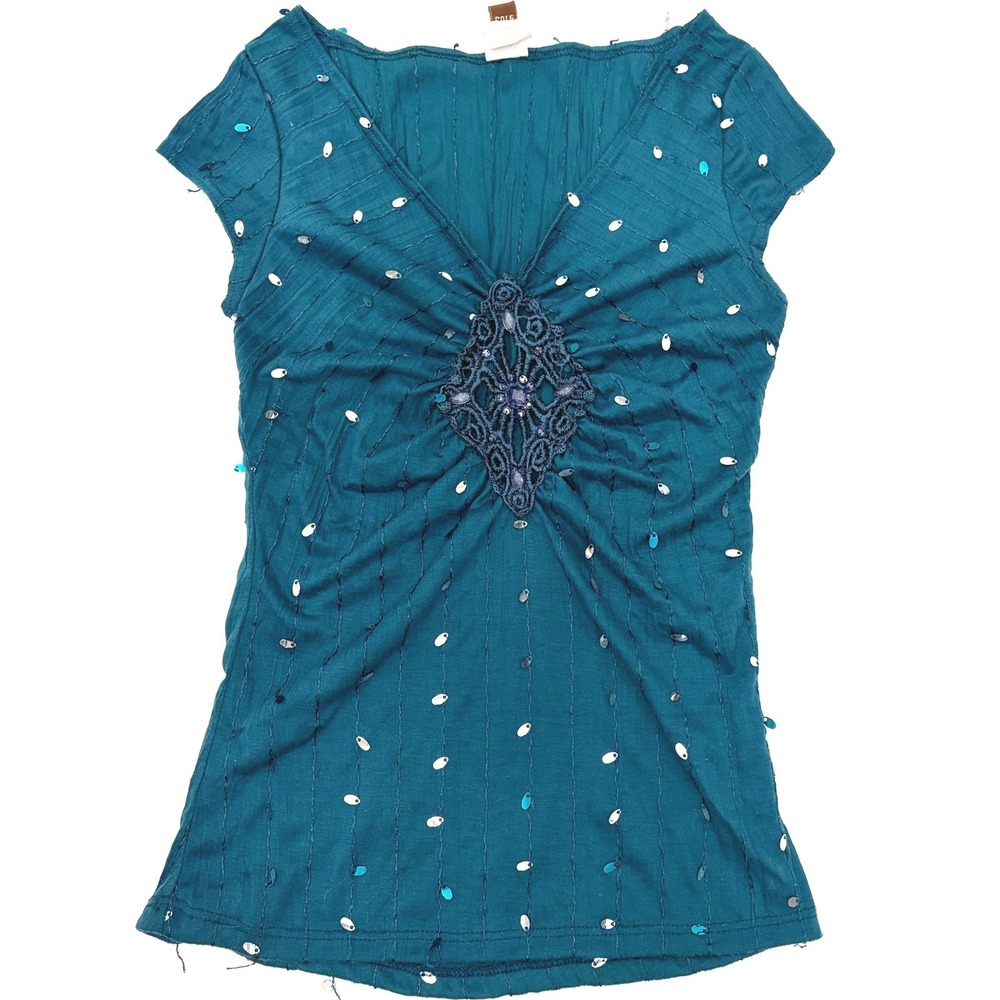 Uno Core Vintage Sequin Crochet Medallion Top Small Teal